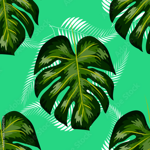 seamless pattern with tropical leaves  palms  monstera  passion fruit. Beautiful allover print with hand drawn exotic plants. Swimwear botanical design