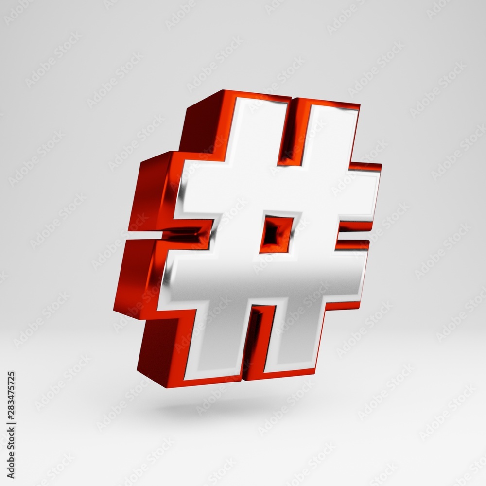 Obraz premium Metal 3d hashtag symbol. Metallic red and white font isolated on white background.