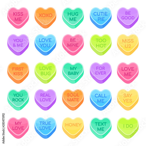 25 Sweethearts candy set flat style design vector illustration isolated on white background. Sweet heart shape candy with inspiration conversations text and date candy treat, Valentine day symbols.