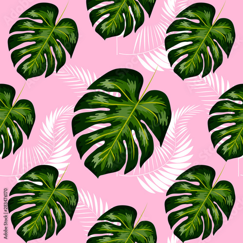 seamless pattern with tropical leaves  palms  monstera  passion fruit. Beautiful allover print with hand drawn exotic plants. Swimwear botanical design