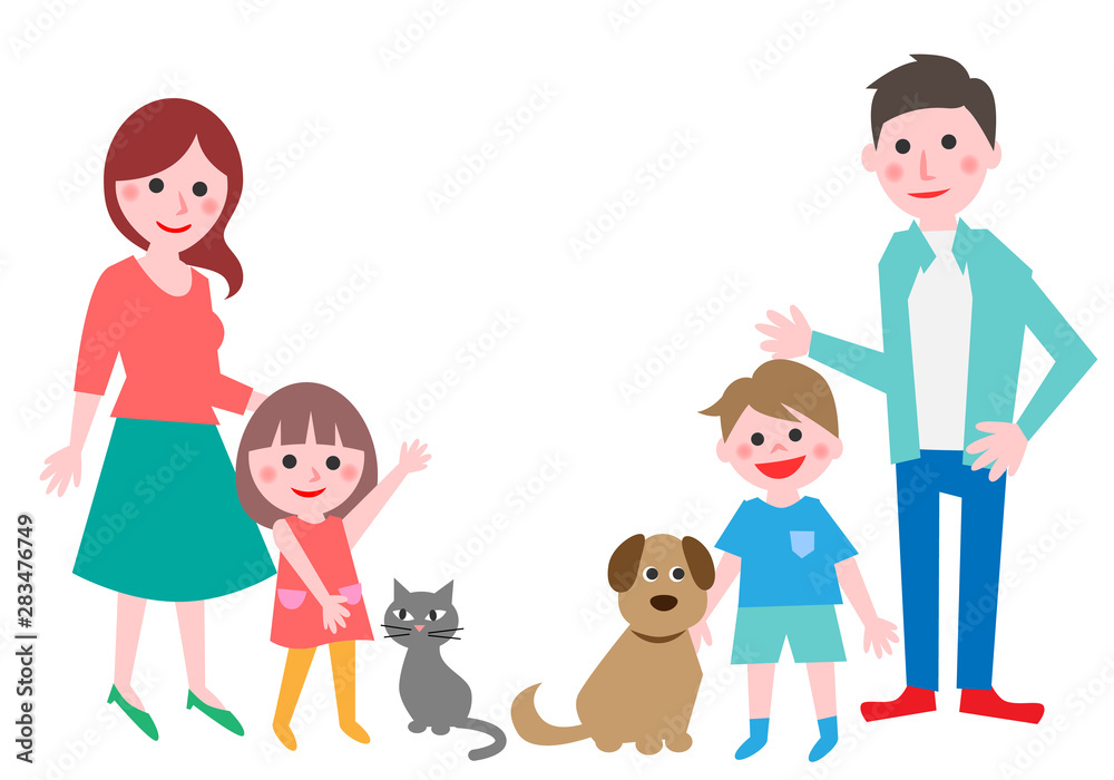 Couple and two children with dog and cat. Vector illustration. Couple and two children with dog and cat. Vector illustration.