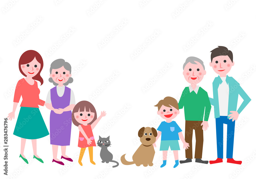 Three generation family with dog and cat. Vector illustration.