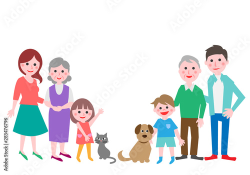 Three generation family with dog and cat. Vector illustration.