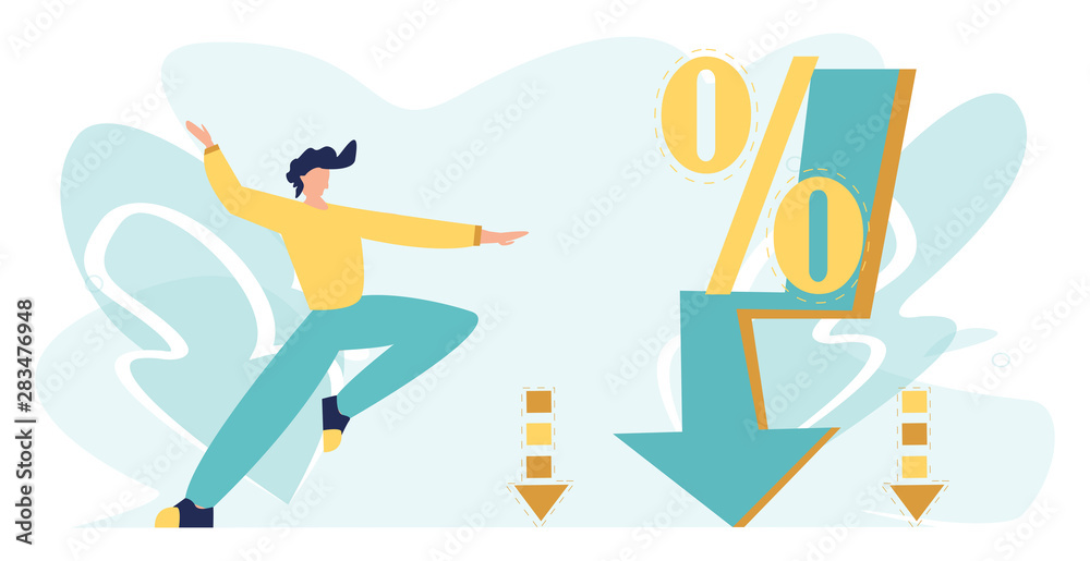 Big sale vector illustration with character. Percent down arrow, percent drop. Fast decrease and crisis. Business and Inflation concept, flat cartoon style.