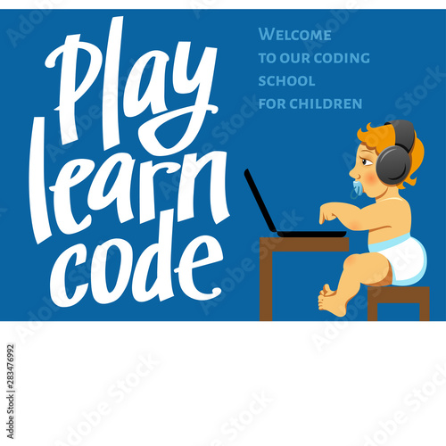A little kid sitting at the table with a laptop coding. Cartoon vector illustration about children coding. Play learn code