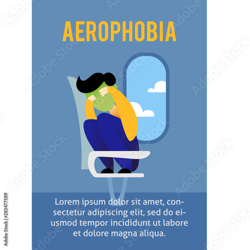 A vector image of a man in the airplane having an aerophobia. A passenger being nervous and in a stress. A color image for a travel poster, flyer or article.