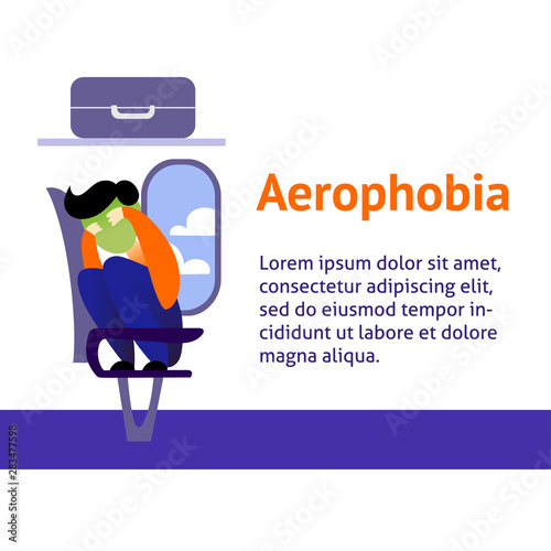 A vector image of a man in the airplane having an aerophobia. A passenger being nervous and in a stress. A color image for a travel poster, flyer or article.