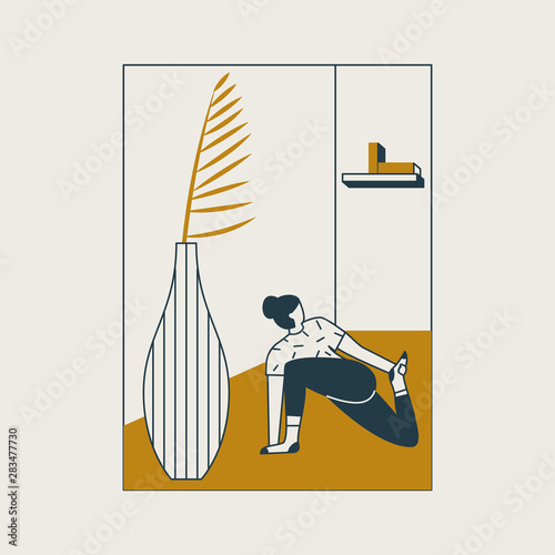Young woman sitting in yoga posture and meditating. Girl doing aerobics exercise and meditation at home. Concept of physical and spiritual practice. Twisted lunge pose. Vector illustration 