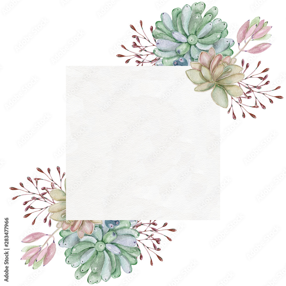 Colorful floral frame with leaves,succulent plant,branches and cactus. Watercolor graphic for fabric, postcard, wedding or greeting card, book, poster, tee-shirt, banners, emblems, logo. Illustration,