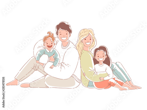 Parents and children are sitting on the floor. A happy family. Hand drawn style vector design illustrations.