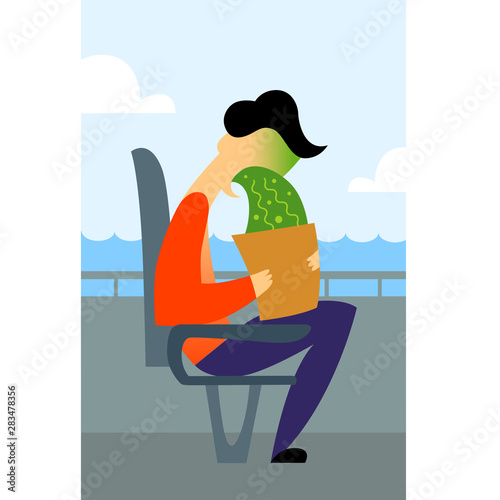 A vector image of a man in the transport with motion sickness. A color image for a travel poster, flyer or article.