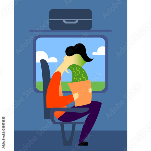 A vector image of a man in the transport with motion sickness. A color image for a travel poster, flyer or article.