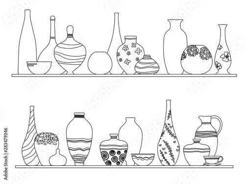 Collection of jugs, vases, dishes on shelves for your design. Line art style. Pottery earthenware, vases, clay bowls and pots isolated on white.  