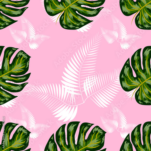 Tropical seamless pattern. Botany design  jungle leaves of palm tree  monstera.