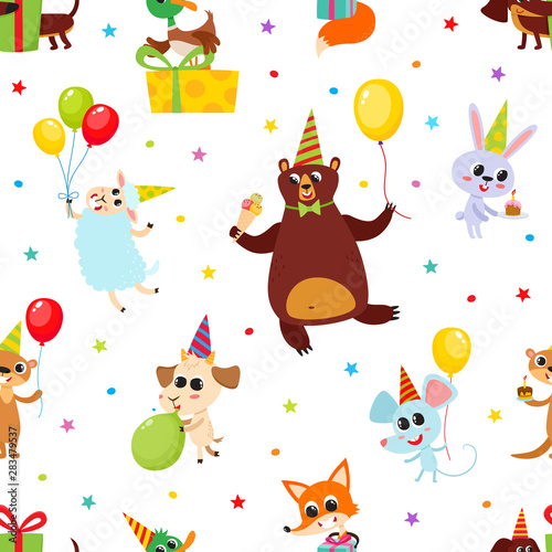 Birthday party cartoon seamless pattern with animals isolated on white.