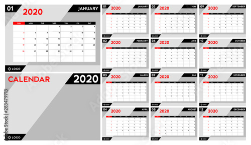 Calendar planner 2020, Set Desk Calendar template design. Week Starts on Sunday. Set of 12 Months and covers in gray and red, vector illustration EPS 10