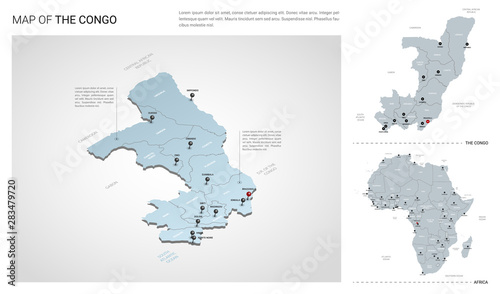 Vector set of Congo country. Isometric 3d map, Congo map, Africa map - with region, state names and city names.