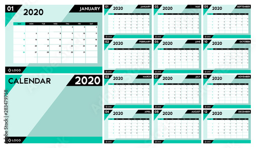 Calendar planner 2020, Set Desk Calendar template design. Week Starts on Sunday. Set of 12 Months and covers in green-blue, cyanide, vector illustration EPS 10