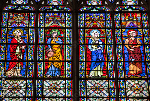 Colorful stained glass windows in  Basilique Saint-Urbain  13th century gothic church in Troyes  France.