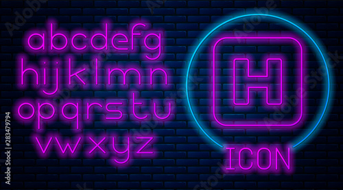 Glowing neon Hospital sign icon isolated on brick wall background. Neon light alphabet. Vector Illustration