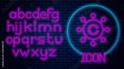 Glowing neon Copywriting network icon isolated on brick wall background. Content networking symbol. Copyright sign. Copywriting network sign. Neon light alphabet. Vector Illustration