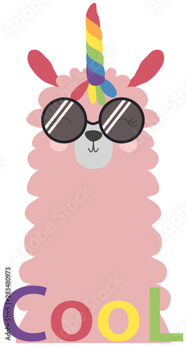 Lama is cute in the Scandinavian style, fashionable, cool, in dark sunglasses.