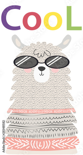 Lama is cute in the Scandinavian style, fashionable, cool, in dark sunglasses.