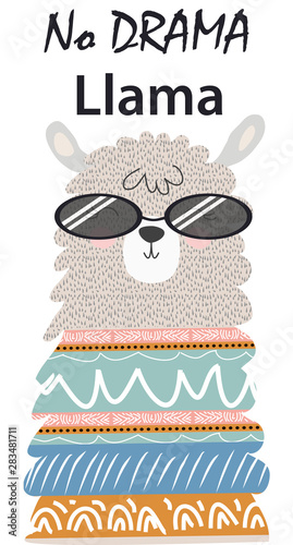 Lama is cute in the Scandinavian style, fashionable, cool, in dark sunglasses.