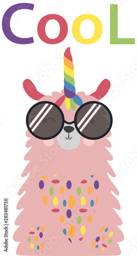 Lama is cute in the Scandinavian style, fashionable, cool, in dark sunglasses.