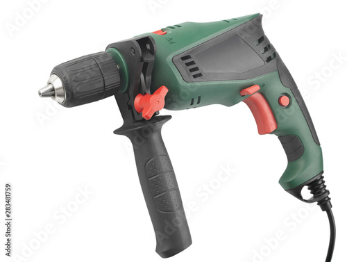 new electric drill tool, green drill closeup isolated on a white background