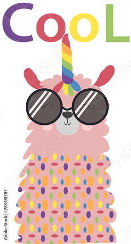 Lama is cute in the Scandinavian style, fashionable, cool, in dark sunglasses.