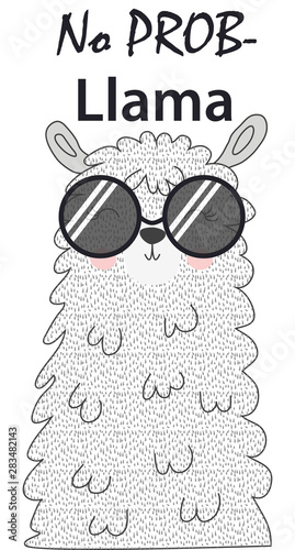 Lama is cute in the Scandinavian style, fashionable, cool, in dark sunglasses.