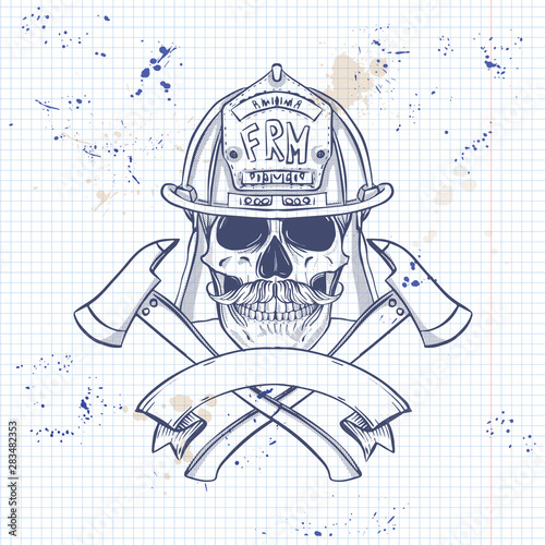 Sketch, fireman skull with helmet, mustaches and axe. Poster, flyer design on a notebook page