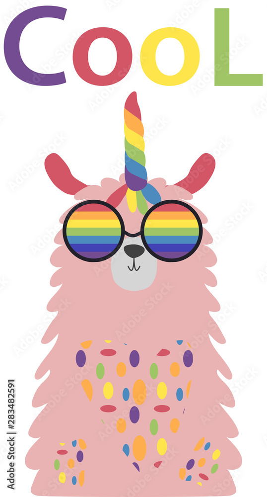Lama in the Scandinavian style, fashionable, cool, in rainbow glasses. LGBT freedom concept.