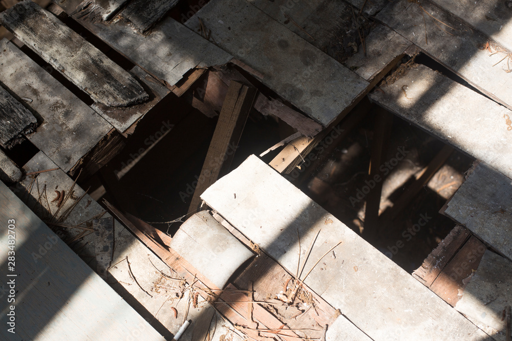 Broken wood floor, Decayed wood floor