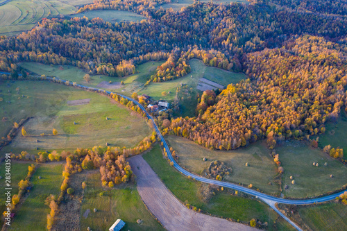 Aerial picture of a countryside village road