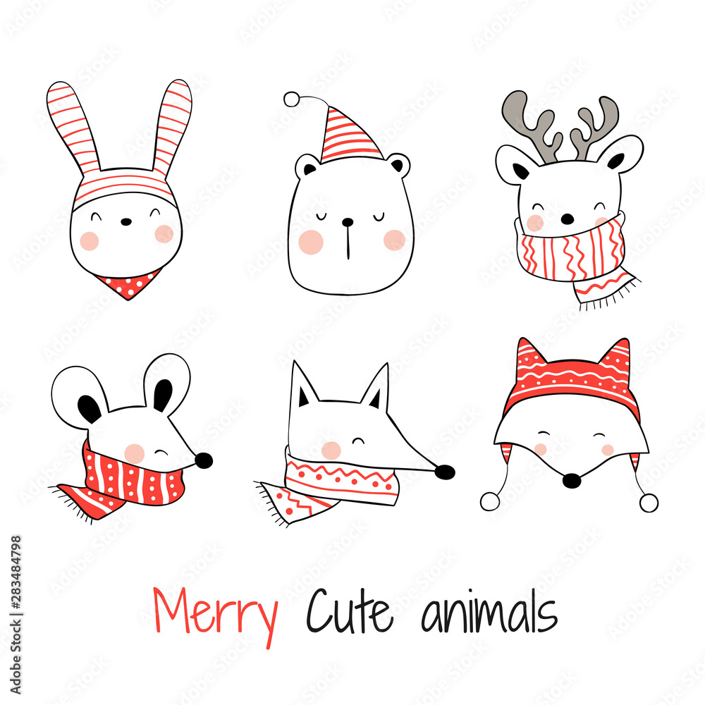 Draw collection head of happy animals for Christmas. Stock Vector | Adobe  Stock