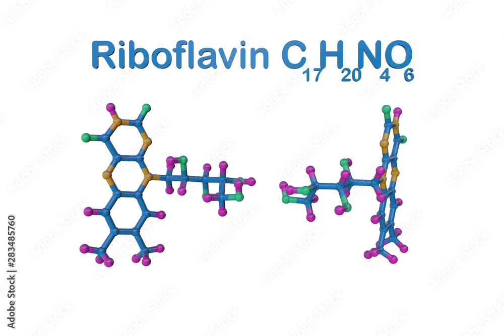 Structural chemical formula and space-filling molecular model of riboflavin or vitamin B2. It has important function in maintaining human health. Scientific background. 3d illustration Structural chemical formula and space-filling molecular model of riboflavin or vitamin B2. It has important function in maintaining human health. Scientific background. 3d illustration