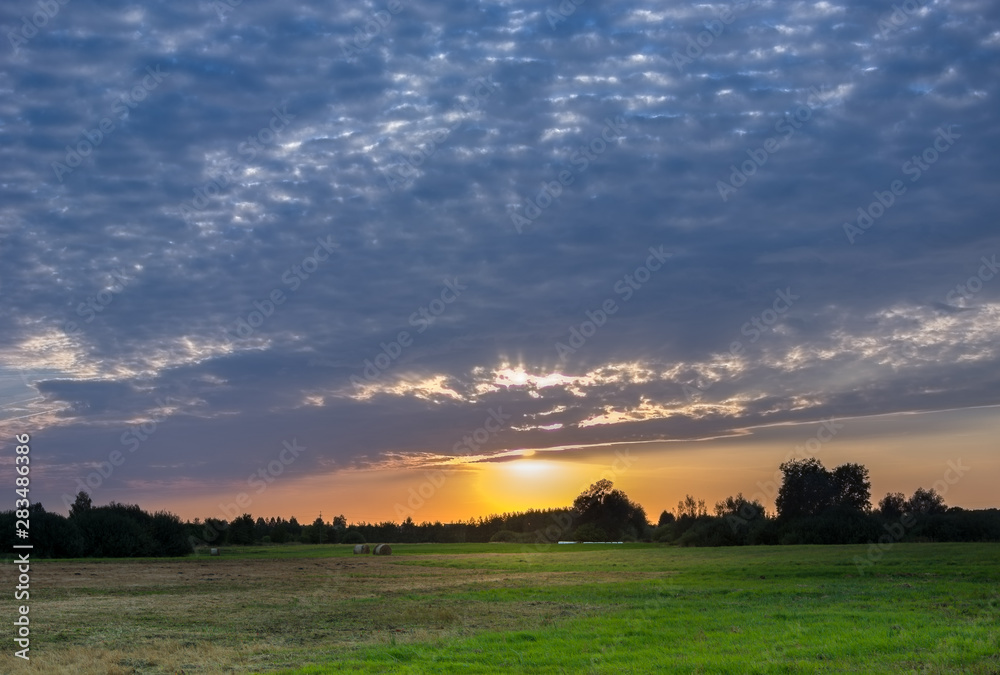 The setting sun and blue clouds over the meadow The setting sun and blue clouds over the meadow