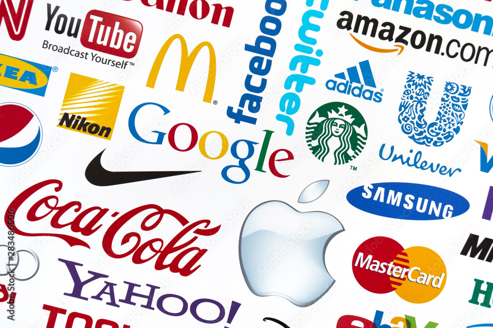 Kiev, Ukraine - February 21, 2012: A logotype collection of well-known  world brand's printed on paper. Include Google, McDonald's, Nike,  Coca-Cola, Facebook, Apple, Yahoo, YouTube, and other logos. Stock 写真 |  Adobe Stock