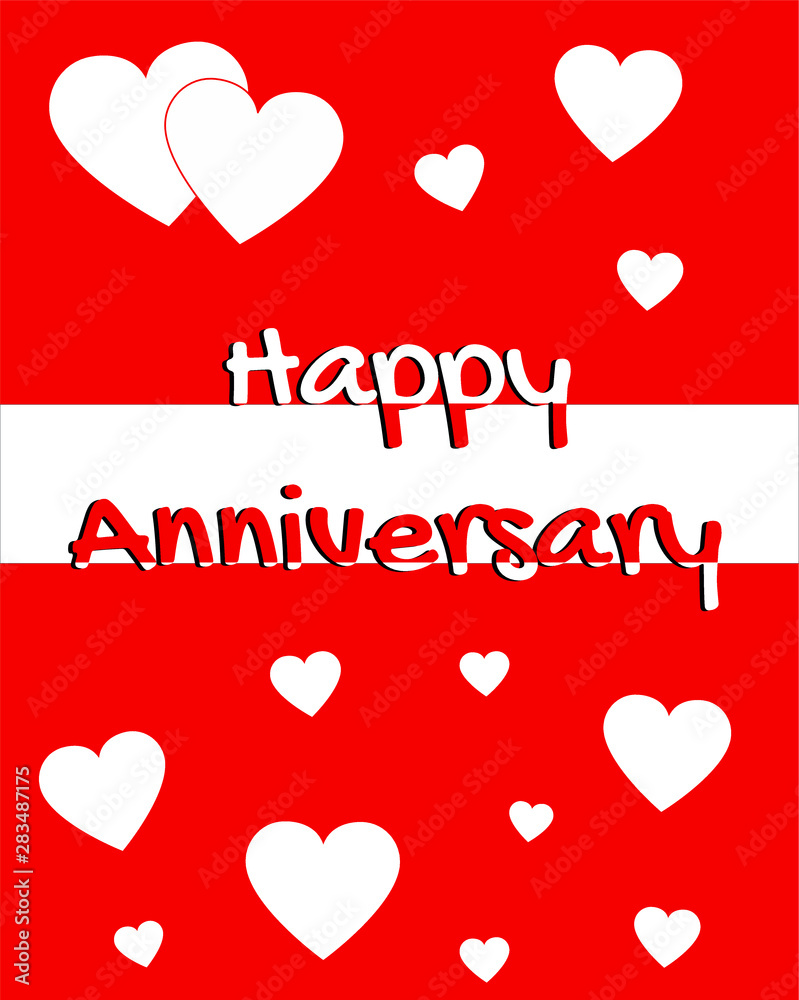 Happy Anniversary vector greeting card with white hearts on a red background and red and white  congratulatory text.
