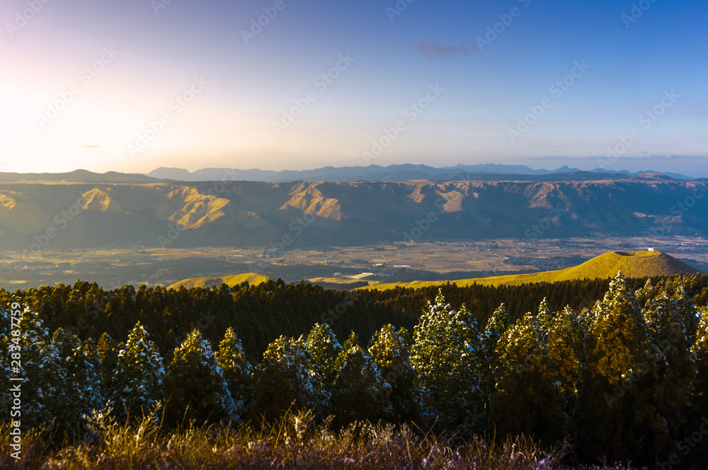 Japanese plateau. View of Aso Highland Forest.