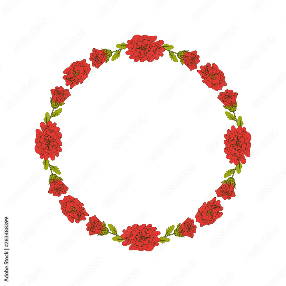 Flower wreath on a white background. Flowers, stems and leaves are made in vintage style. Vector illustration.