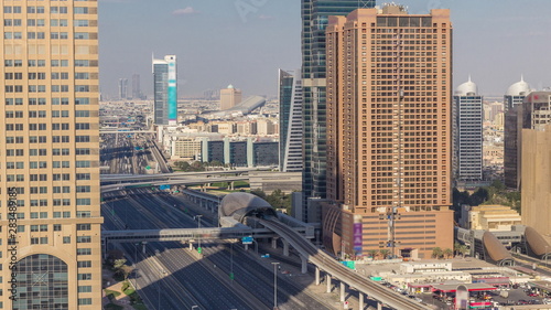 Skyline internet city with crossing Sheikh Zayed Road aerial timelapse