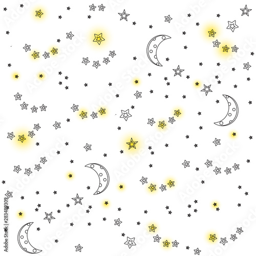 Night sky background with moon and stars. Vector seamless texture. Contour, line, flat, shining