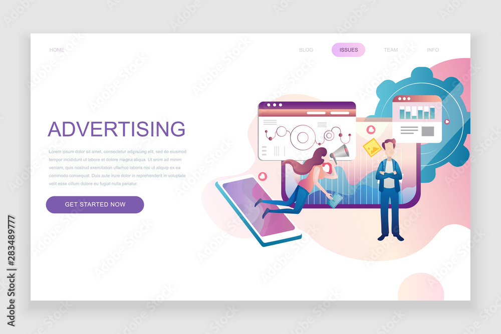 Modern flat web page design template concept of Advertising and Promotion decorated people character for website and mobile website development. Flat landing page template. Vector illustration.