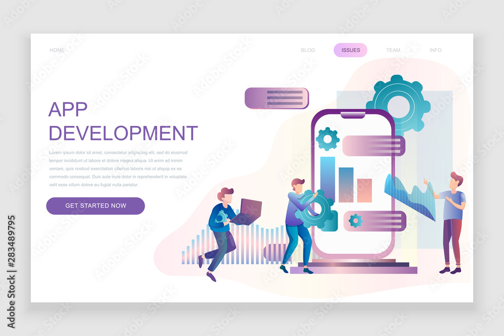 Modern flat web page design template concept of App Development decorated people character for website and mobile website development. Flat landing page template. Vector illustration.
