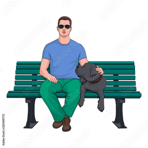 Man sitting with dog on bench on a white background. Dog breed Great Dane. Gray dog. Stock Vector Illustration.