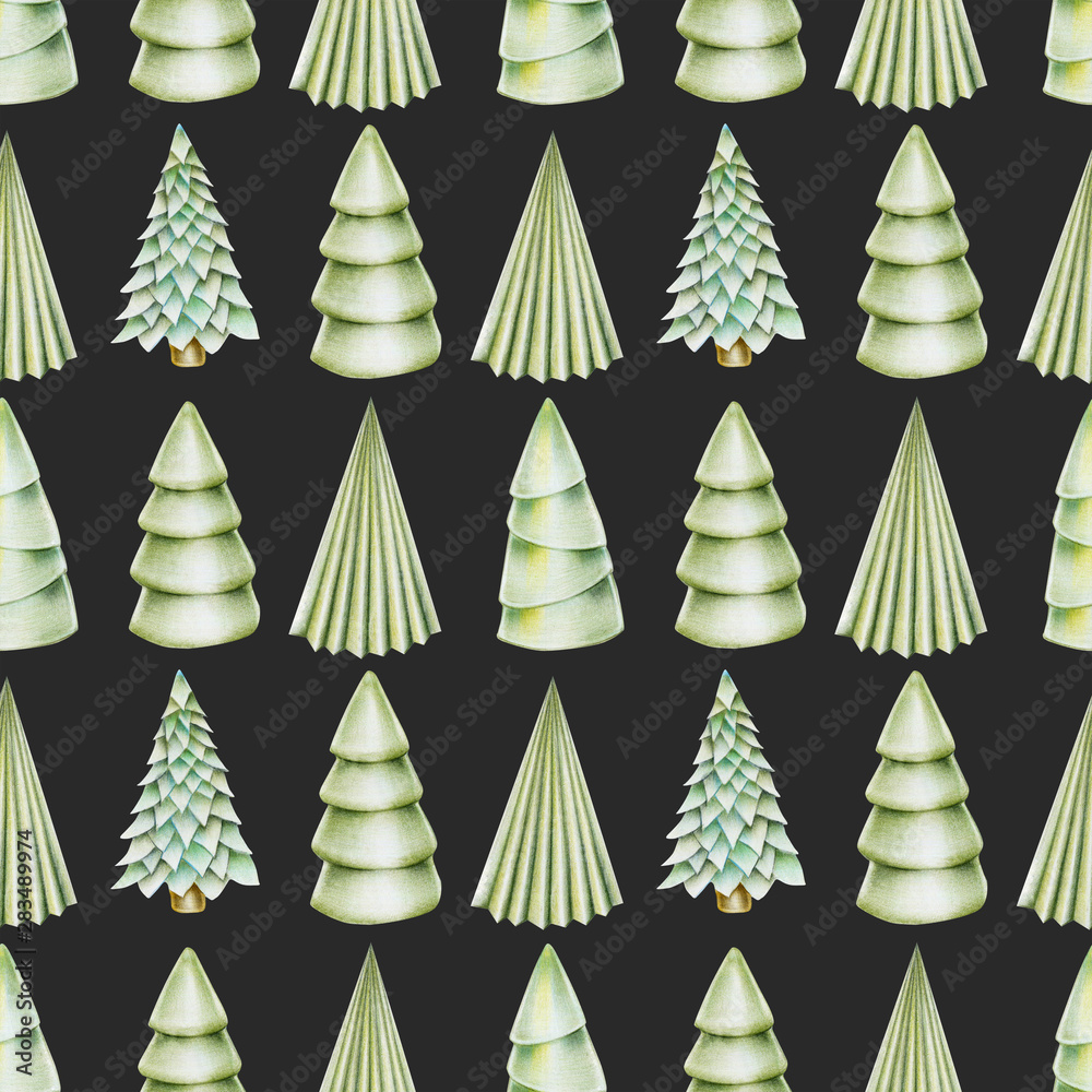 Obraz premium Seamless pattern of christmas trees, hand drawn on a dark background