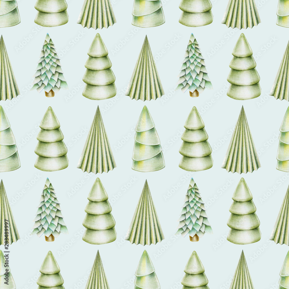 Obraz premium Seamless pattern of christmas trees with decorations, hand drawn on a blue background